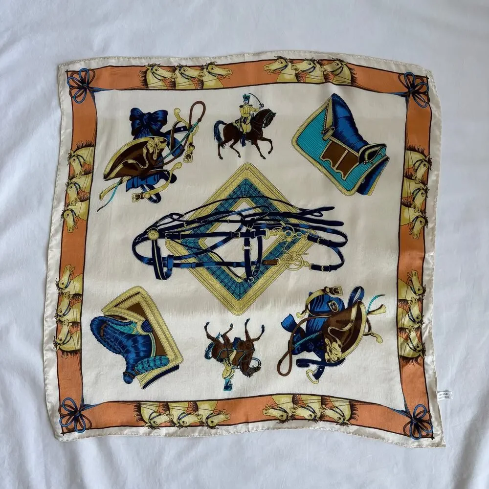 Vintage 100% Silk Equestrian Horse Scarf Blue Cream Square